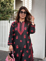 Load image into Gallery viewer, Black and Hot Pink chikankari silk set
