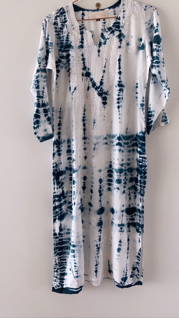 Chikankari Tie-Dye Kurta - Indigo Blue & White