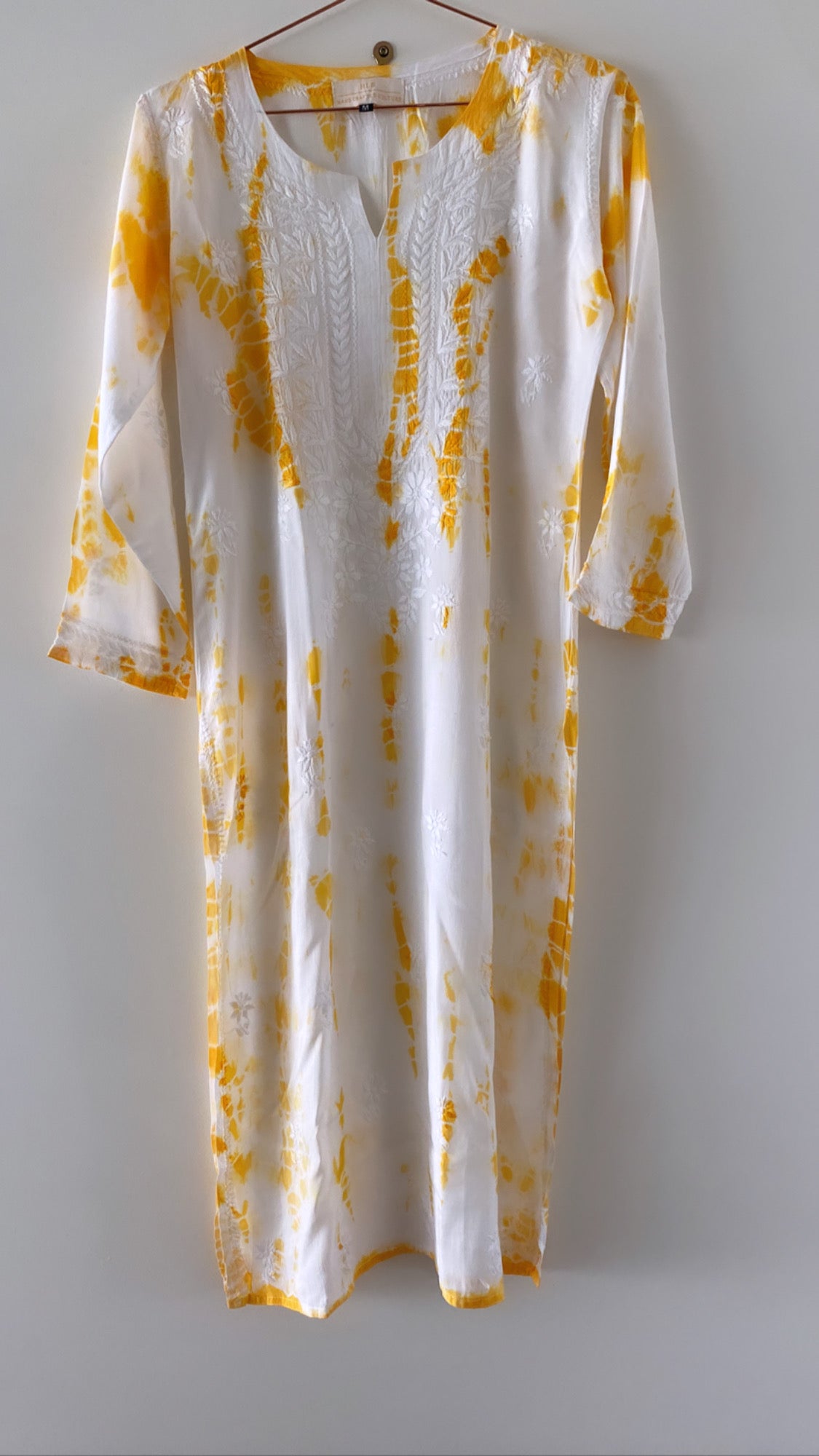 Chikankari Tie-Dye Kurta - Saffron & White