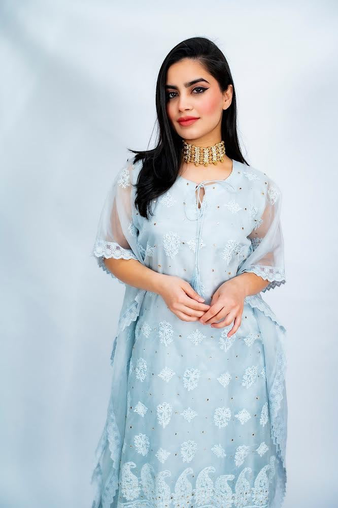 Chikankari Organza Kaftan Set - Ice blue-ish grey