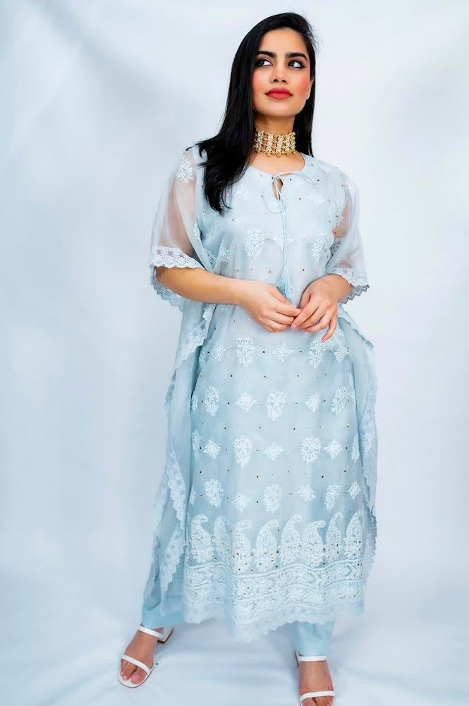 Chikankari Organza Kaftan Set - Ice blue-ish grey