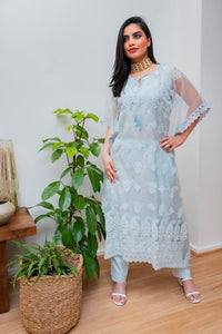 Chikankari Organza Kaftan Set - Ice blue-ish grey